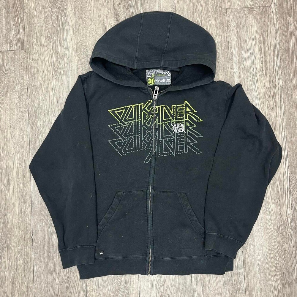 Quiksilver black full zip up hoodie with yellow accents Vintage Y2